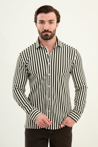 Mcr Striped Slim Fit Long Sleeve Men's Shirt Khaki - 27115.25K