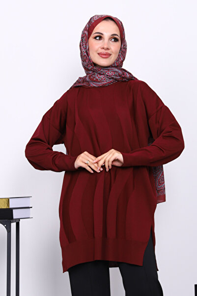 İmajButik Claret Red Crew Neck Cold Thread Knitwear Tunic