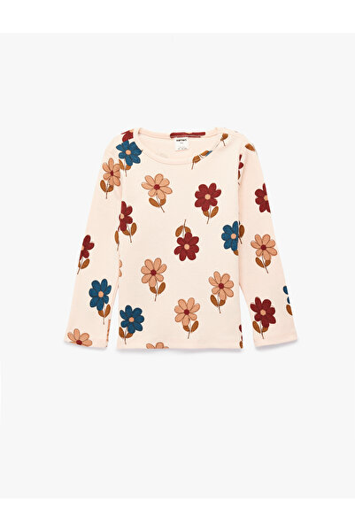 Koton Βαμβακερό μακρυμάνικο μπλουζάκι με λαιμόκοψη με λουλούδια