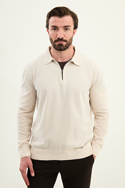 Mcr Plain Slim Fit Zippered Polo Neck Chenille Fabric Men's Knitwear Ecru - 11576.25K