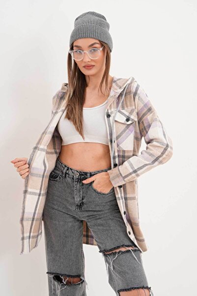 Polologin Butik Kadın Oduncu Kahverengi Bej Lila Çizgili Kapşonlu Gömlek