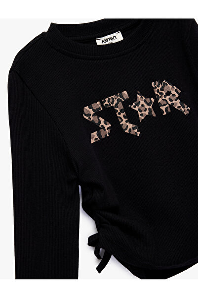 Koton Cotton Ruched Detail Long Sleeve Printed Crew Neck T-Shirt