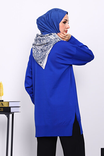 İmajButik μπλε κοβαλτίου Μπλε πλεκτό τοπ με λαιμόκοψη με κρύο νήμα