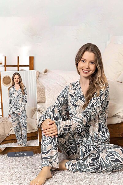 REMSA Women's Leaf Pattern Buttoned Saphire Pajama Set 0377 Gray