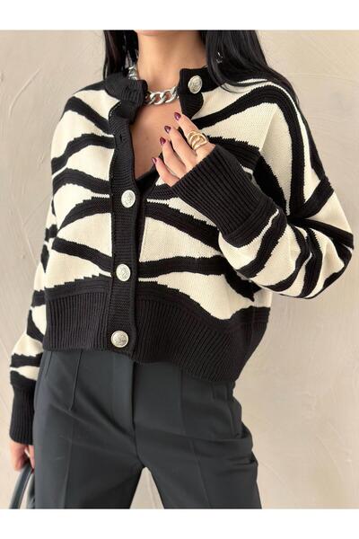 TOFİX textile Knit Cardigan with Wavy Stripe Detail, Off-The-Shoulder, Button-Up.