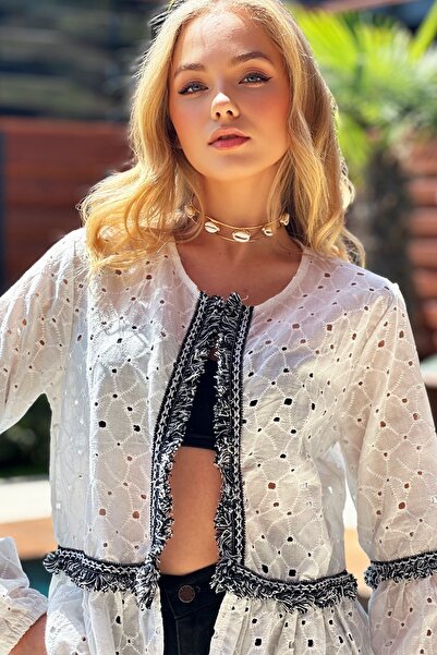 Trend Alaçatı Stili Jachetă albă țesută Scallop - cu detaliu dungi, ALC-X12416