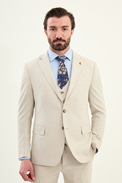 Mcr Textured Slim Fit Mono Collar Men's Suit Beige - 45432.25K