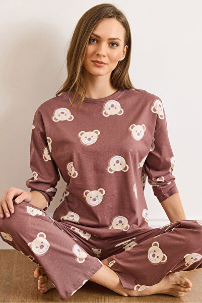 Olalook Women's Brown Teddy Bear 100% Cotton Long Sleeve Pajama Set Pjm-00000024