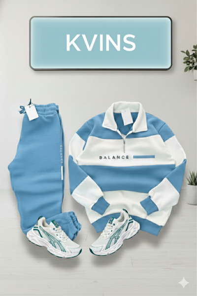 KVİNS Bebe Mavi Unisex Oversize Yarım Fermuarlı Pamuklu Eşofman Takımı | Polo...