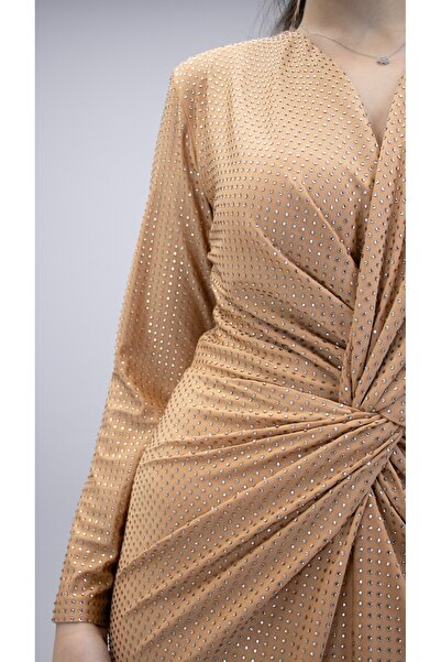 CAREZZA Starlight - Draped Stones Stretch Fabric Gold Beige Evening Dress