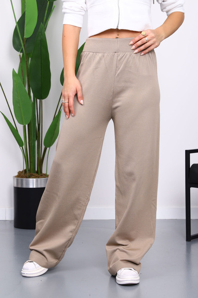 İmajButik Mink High Waist Corded Fabric Wide Leg Knitwear Trousers
