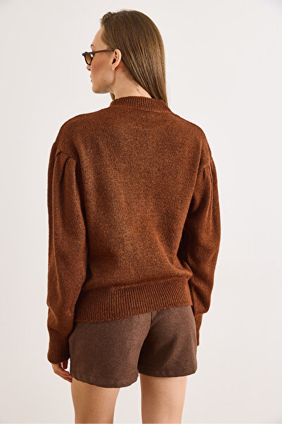 Olalook Women's Brown Stone Detailed Soft Textured Balloon Sleeve Knitwear Sweater Kzk-19001059