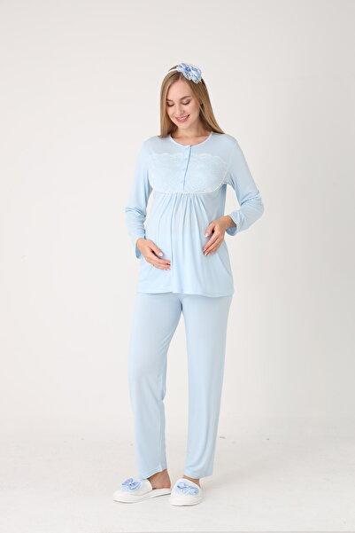 Pelin Women's Patterned Shawl Collar Special Design Winter Long Sleeve 3-Piece Maternity Pajama Set
