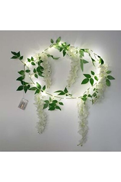 Silver Star Ghirlandă decorativă cu frunze verzi, flori albe și lumini LED cu baterii 1,8 m