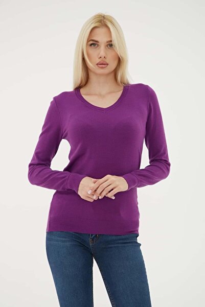 Fashion Friends Stretchy V-Neck Sweater Purple