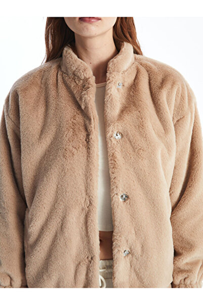 LC Waikiki Stand Collar Plain Oversize Women's Plush Coat