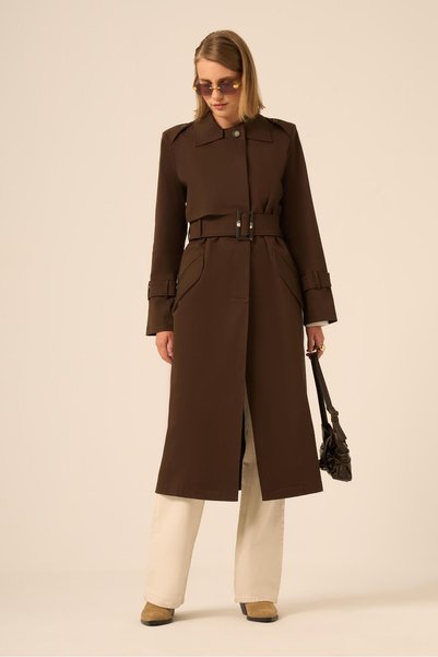 FTZ WOMEN Women's Stylish Belted Seasonal Trench Coat Bitter Brown 31211