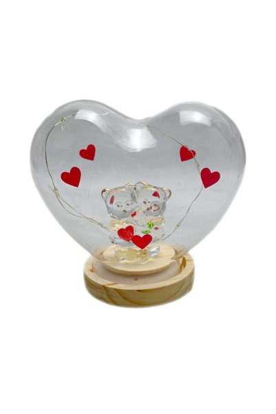 Generic Glowing Couple Bears Heart Dome, Wood Base with Led Light Heart Lamp ...