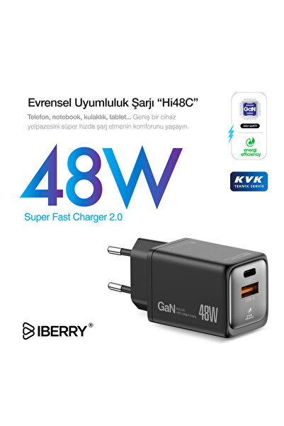 İBERRY Hİ48 COMPACT EFFICIENT & HI TECH GaN 48W SEYAHAT HIZLI ŞARJ ALETİ USB ...