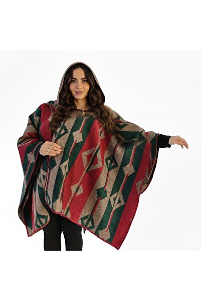 Exve Exclusive Green Beige Red Ethnic Patterned Woolen Warm Hooded Unisex Camper Poncho Winter Shawl