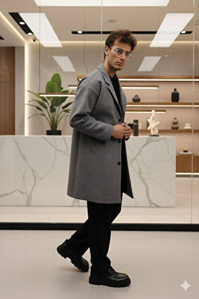 Mamlay Gray Button Closure Oversized Loose Fit Long Cashmere Coat