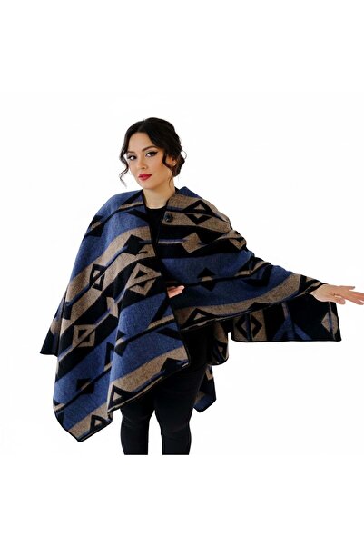 Exve Exclusive Blue Beige Black Ethnic Patterned Anti-Pilling Wool Warm Unisex Camper Poncho Winter Shawl