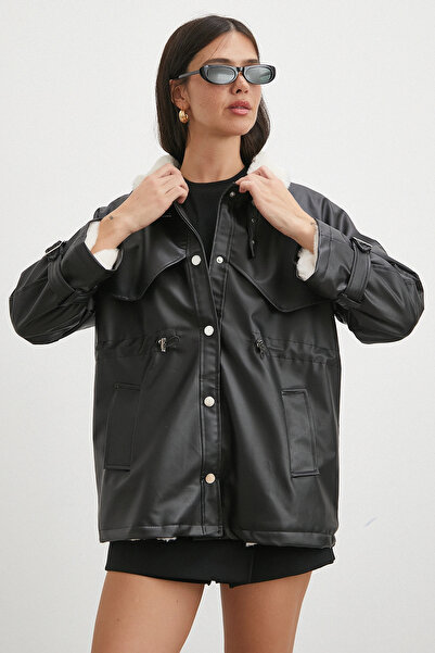 Never more Fur Collar Detailed Leather Jacket Black