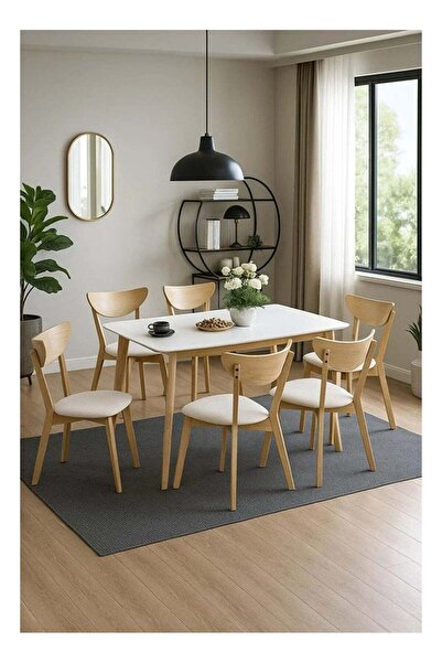 ESMART طقم طعام مكون من 7 قطع، طاولة من الخشب الأبيض الصلب (140 طول × 80 عرض ...