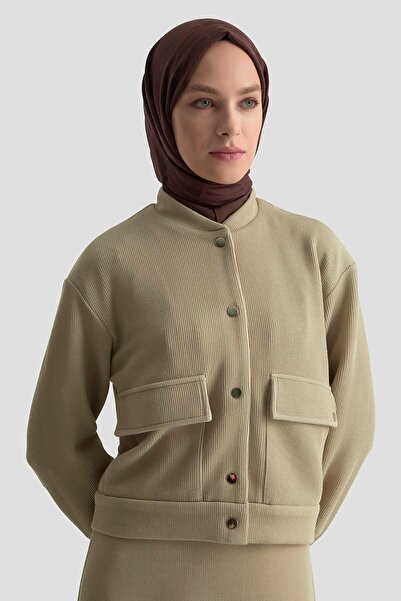 Armine TREND Corded Fabric Jacket with Glitter Snap Fastener Skirt Two-Piece Set Beige 25Kt644