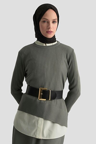 Armine TREND Asymmetrical Cut Line Detailed Skirted Knitwear Two-Piece Set Gray 25Ytd6119