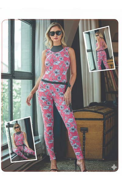 SWELLA Kadın Vücudu Saram Sırt Dekolteli Kuşaklı Desenli Tulum Pamuklu Jumpsuit