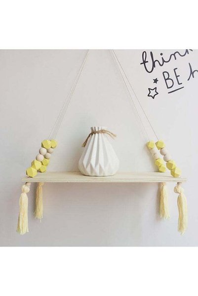 Generic Wood Wall Shelf With Beaded Tassel Nordic Style Wall Decor Yellow 38x...