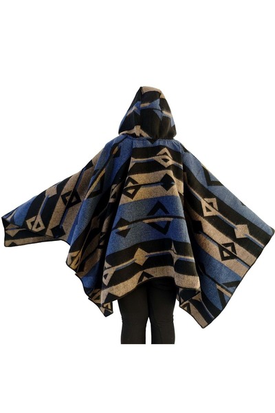 Exve Exclusive Blue Beige Black Ethnic Patterned Woolen Warm Hooded Unisex Camper Poncho Winter Shawl