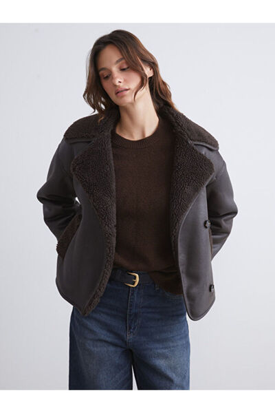 LC Waikiki Fur Collar Oversized Women's Suede Coat