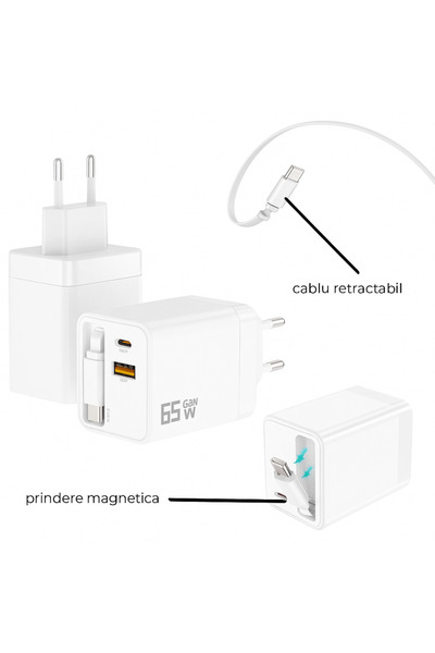 OEM 65W GaN network charger with retractable Type-C cable, Fast Charge PD/QC, 2 USB ports, USB-C