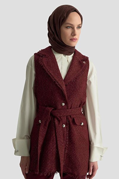 Armine TREND Vest Tweed Glitter Belted Pants Two-Piece Suit Burgundy 25Kt638