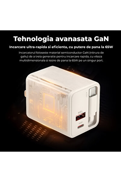 OEM 65W GaN network charger with retractable Type-C cable, Fast Charge PD/QC, 2 USB ports, USB-C