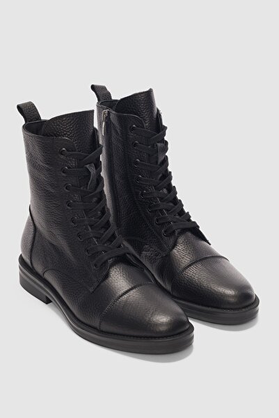 selin shoes Navira Hakiki Deri Bağcıklı ve Yandan Fermuarlı Kadın Bot- SİYAH