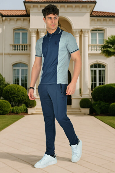 BESSA Blue Gray Polo Neck Tshirt Pants Two-Piece Set Zippered Pockets Mercerized Fabric