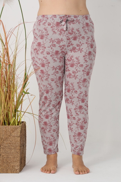 Serena Women's Big Size Pajama Pants, Gray with Cherry Blossoms, 85% Viscose, 15% Polyester