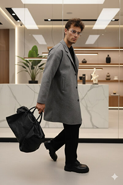 Mamlay Γκρι μακρύ παλτό με καπέλο με κουμπιά oversized