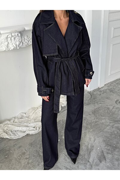 dolu butik Double-Breasted Denim Suit with Belt at the Waist