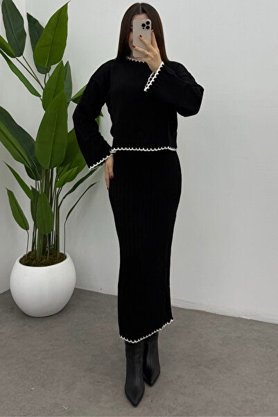 Bipantolon Women's Black Shepherd Stitched Skirt Suit