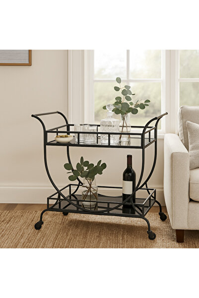 YINZUO 2-Tier Bar Cart with Black Glass Shelves and Welded Metal Frame No Assembly Required