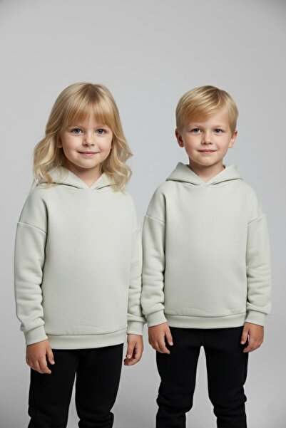 LUESS Unisex Παιδικό Βασικό Βαμβακερό Φούτερ με κουκούλα - Κρεμ