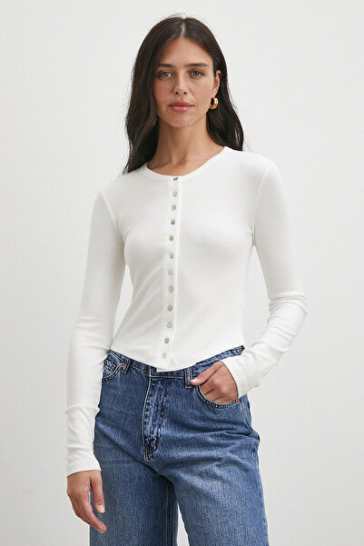 Never more Μπλούζα με μακριά μανίκια με κουμπιά Λευκή