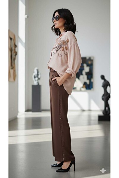 MODA Taşlı desenli tesettüre uyumlu keten görünümlü şık gömlek