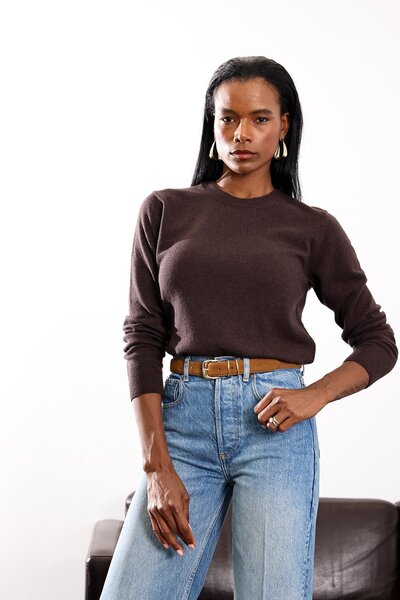 5in1Canpolat Καφέ Πλεκτό Κασμίρ με λαιμόκοψη με ποδήλατο