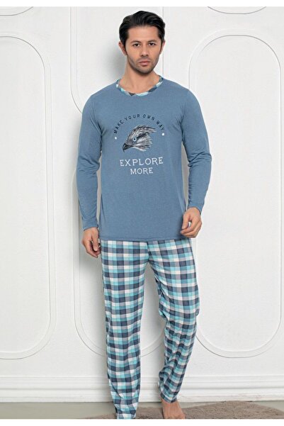 Serena Men's Pajamas, Long Sleeves and Matching Long Pants, ''Explore More'' Print, Blue