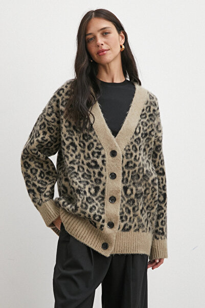 Never more Leopard Buttoned Cardigan Cream
